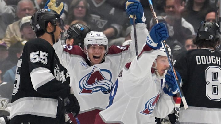 Apr 23, 2026; Los Angeles, California, USA; Colorado Avalanche left wing Artturi Lehkonen (62) and center Nathan MacKinnon (29) celebrate a goal in the second period of game three of the first round of the 2026 Stanley Cup Playoffs against the Los Angeles Kings at Crypto.com Arena. Mandatory Credit: Jayne Kamin-Oncea-Imagn Images