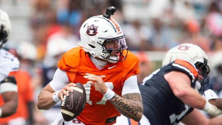 Auburn Tigers quarterback Byrum Brown (17) rolls out of the pocket during Auburn Tigers A-Day spring game at Jordan-Hare Stadium in Auburn, Ala. on Saturday, April 18, 2026.