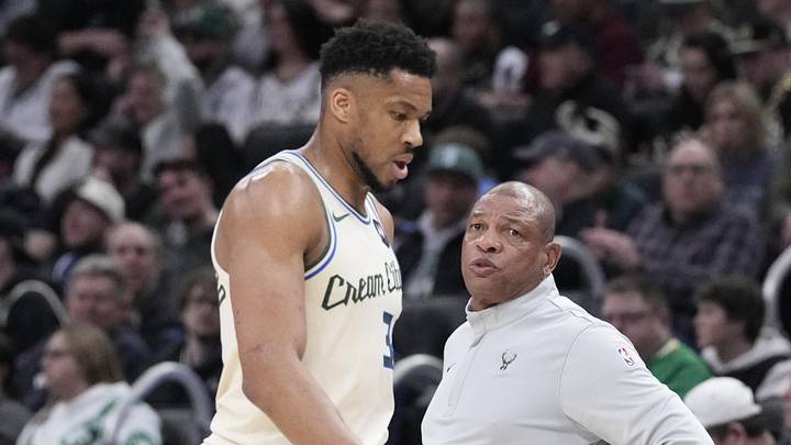 Mar 2, 2026; Milwaukee, Wisconsin, USA; Milwaukee Bucks forward Giannis Antetokounmpo (34) comes out of the game near the end of the second quarter and walks past Milwaukee Bucks head coach Doc Rivers as they compete against the Boston Celtics at Fiserv Forum. Mandatory Credit: Michael McLoone-Imagn Images Mar 2, 2026; Milwaukee, Wisconsin, USA; Milwaukee Bucks forward Giannis Antetokounmpo (34) comes out of the game near the end of the second quarter and walks past Milwaukee Bucks head coach Doc Rivers as they compete against the Boston Celtics at Fiserv Forum. Mandatory Credit: Michael McLoone-Imagn Images