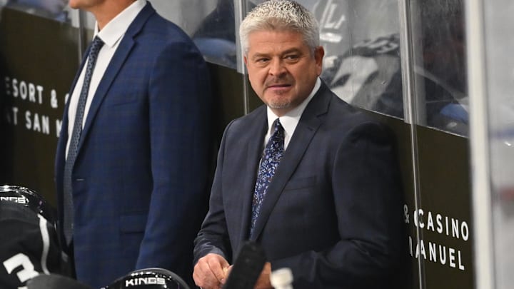 Sep 28, 2022; Ontario, California, USA;  Los Angeles Kings Todd McLellan looks on from the bench during a preseason game against the San Jose Sharks at Toyota Arena. Mandatory Credit: Jayne Kamin-Oncea-Imagn Images
