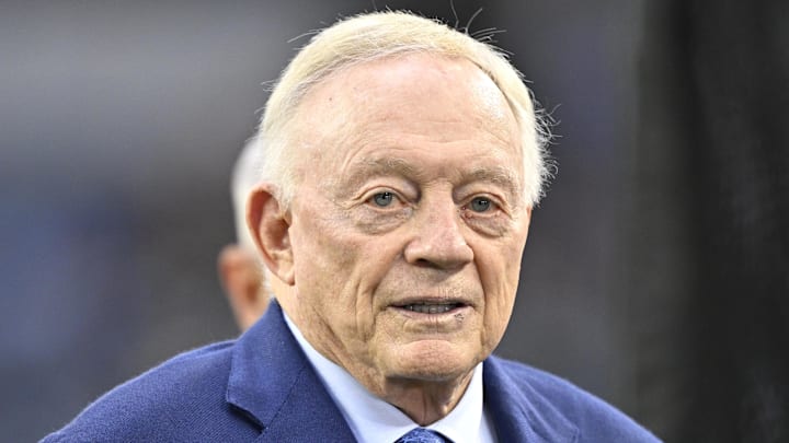Sep 28, 2025; Arlington, Texas, USA; Dallas Cowboys owner Jerry Jones looks on before the game against the Green Bay Packers at AT&T Stadium.