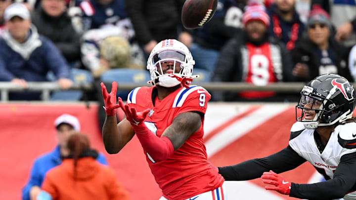 Oct 13, 2024; Foxborough, Massachusetts, USA; New England Patriots wide receiver Kayshon Boutte (9) makes a catch for a touchdown in front of Houston Texans cornerback Derek Stingley Jr. (24) during the first half at Gillette Stadium. Mandatory Credit: Brian Fluharty-Imagn Images