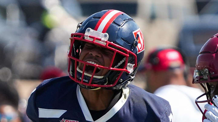 Jackson State Tigers' wide receiver Jameel Gardner Jr. (7) celebrates his catch during the game against the Tuskegee Golden Tigers in Jackson, Miss., on Saturday, Sept. 13, 2025.