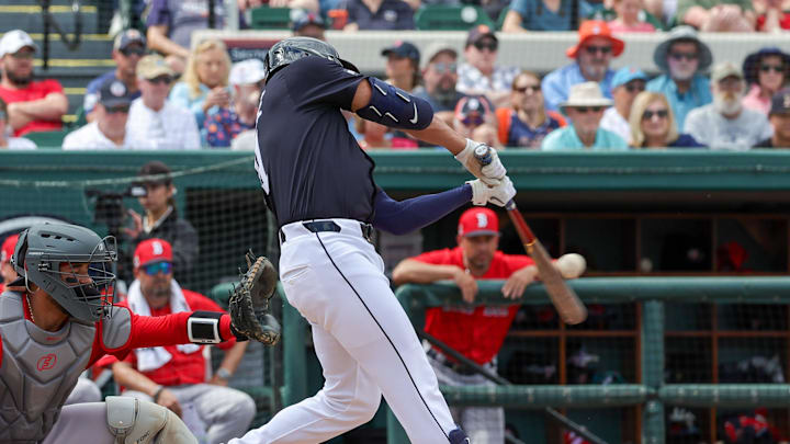 Feb 27, 2025; Lakeland, Florida, USA; Detroit Tigers outfielder Riley Greene (31) bats during the third inning against the Boston Red Sox at Publix Field at Joker Marchant Stadium.
