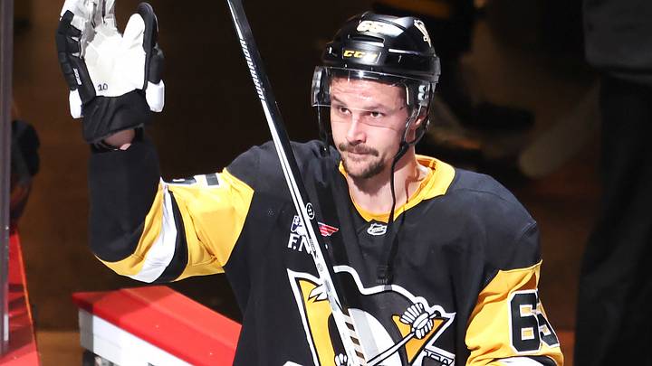 Mar 21, 2026; Pittsburgh, Pennsylvania, USA; Pittsburgh Penguins defenseman Erik Karlsson (65) reacts after being named first star of the game against the Winnipeg Jets at PPG Paints Arena. Mandatory Credit: Charles LeClaire-Imagn Images Mar 21, 2026; Pittsburgh, Pennsylvania, USA; Pittsburgh Penguins defenseman Erik Karlsson (65) reacts after being named first star of the game against the Winnipeg Jets at PPG Paints Arena. Mandatory Credit: Charles LeClaire-Imagn Images