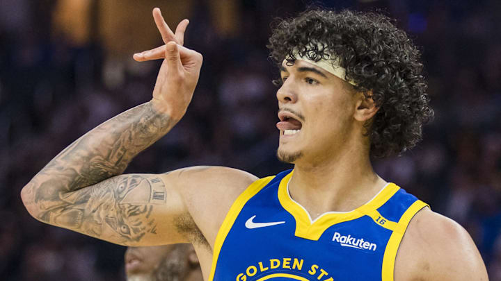 Mar 10, 2025; San Francisco, California, USA; Golden State Warriors forward Gui Santos (15) reacts after taking a three-point shot against the Portland Trail Blazers during the second quarter at Chase Center. Mandatory Credit: John Hefti-Imagn Images Mar 10, 2025; San Francisco, California, USA; Golden State Warriors forward Gui Santos (15) reacts after taking a three-point shot against the Portland Trail Blazers during the second quarter at Chase Center. Mandatory Credit: John Hefti-Imagn Images