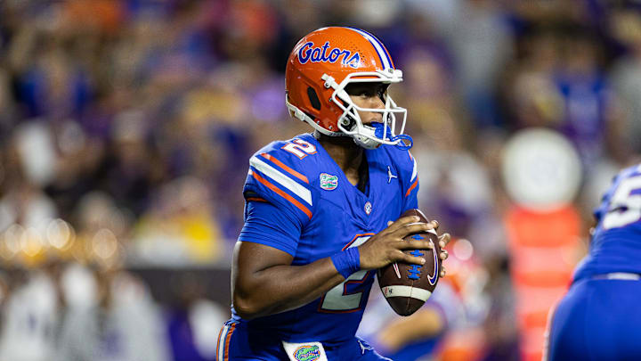 Nov 16, 2024; Gainesville, Florida, USA; Florida Gators quarterback DJ Lagway (2) looks to pass the ball against the LSU Tigers during the second half at Ben Hill Griffin Stadium. Mandatory Credit: Matt Pendleton-Imagn Images