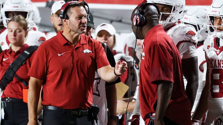 Arkansas Razorbacks head coach Ryan Silverfield reacts to a play against the Utah Utes during the second quarter at Rice-Eccles Stadium. Arkansas Razorbacks head coach Ryan Silverfield reacts to a play against the Utah Utes during the second quarter at Rice-Eccles Stadium.