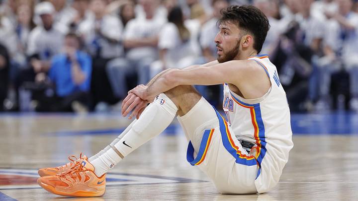 May 26, 2026; Oklahoma City, Oklahoma, USA; Oklahoma City Thunder center Chet Holmgren (7) reacts after a play during the third quarter against the San Antonio Spurs in game five of the western conference finals for the 2026 NBA playoffs at Paycom Center. Mandatory Credit: Alonzo Adams-Imagn Images May 26, 2026; Oklahoma City, Oklahoma, USA; Oklahoma City Thunder center Chet Holmgren (7) reacts after a play during the third quarter against the San Antonio Spurs in game five of the western conference finals for the 2026 NBA playoffs at Paycom Center. Mandatory Credit: Alonzo Adams-Imagn Images
