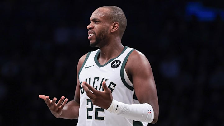 Milwaukee Bucks forward Khris Middleton (22) reacts during the first half against the Brooklyn Nets at Barclays Center on December 27, 2023.