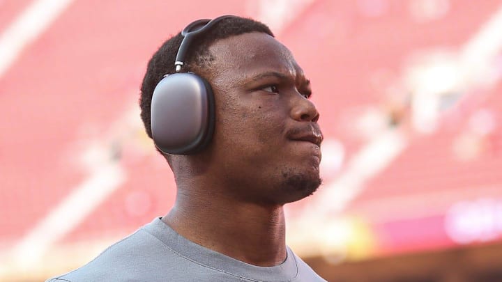 Detroit Lions running back David Montgomery (5) warms up ahead of the season opener against the Kansas City Chiefs 
