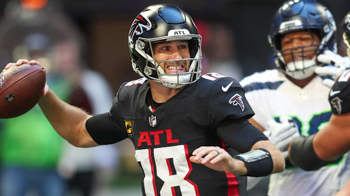 Oct 20, 2024; Atlanta, Georgia, USA; Atlanta Falcons quarterback Kirk Cousins (18) throws a pass against the Seattle Seahawks in the fourth quarter at Mercedes-Benz Stadium. Mandatory Credit: Brett Davis-Imagn Images
