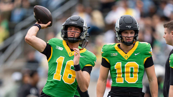 Fighting Ducks quarterback Austin Novosad throws out a pass as the Fighting Ducks face off against Mighty Oregon in the Oregon Ducks spring game on April 26, 2025, at Autzen Stadium in Eugene.