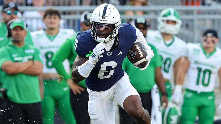 Sep 5, 2026; University Park, Pennsylvania, USA;  Penn State Nittany Lions wide receiver Koby Howard (6) runs with the ball during the first quarter against the Marshall Thundering Herd at West Shore Home Field at Beaver Stadium.  Mandatory Credit: Matthew O'Haren-Imagn Images