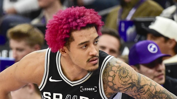 San Antonio Spurs forward Jeremy Sochan (10) stretches before substituting in during the second half against the Utah Jazz at Delta Center. San Antonio Spurs forward Jeremy Sochan (10) stretches before substituting in during the second half against the Utah Jazz at Delta Center.