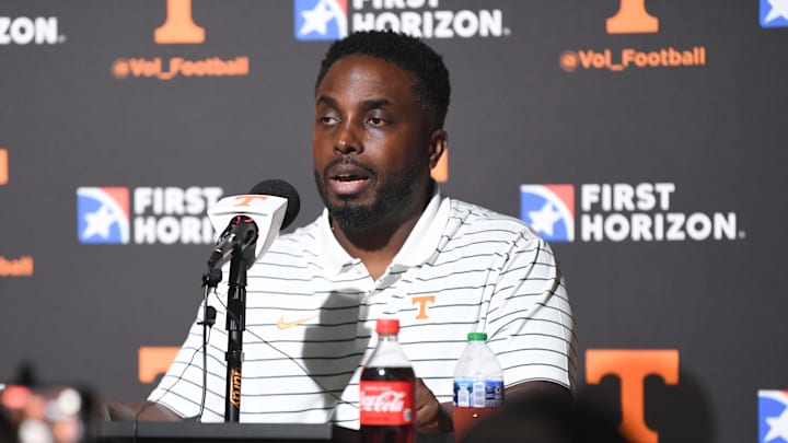 Tennessee defensive coordinator Tim Banks speaks at a press conference during Tennessee Football Media Day, Tuesday, Aug. 1, 2023.
