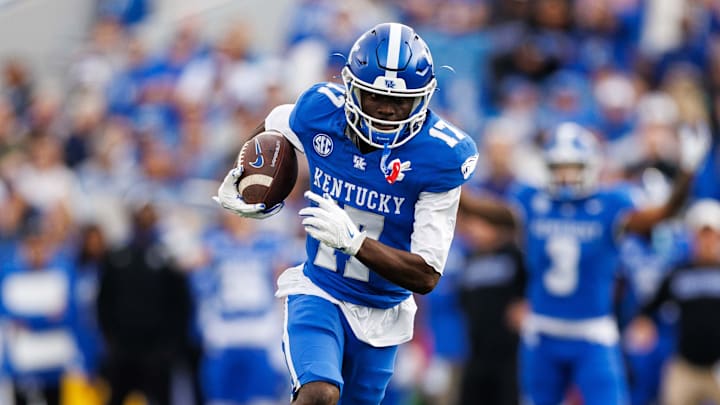 Nov 15, 2025; Lexington, Kentucky, USA; Kentucky Wildcats wide receiver Hardley Gilmore IV (17) runs the ball during the game against the Tennessee Tech Golden Eagles at Kroger Field. Mandatory Credit: Jordan Prather-Imagn Images