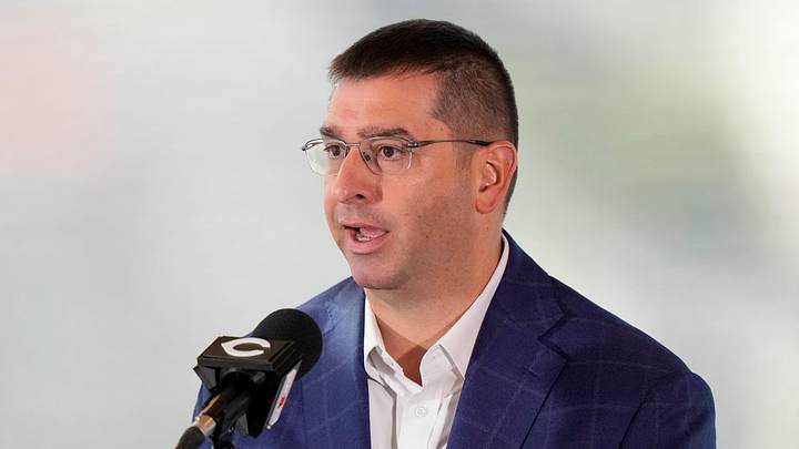 President of Baseball Operations Nick Krall takes questions during an event to introduce the new manager of the Cincinnati Reds at Great American Ball Park in downtown Cincinnati on Monday, Oct. 7, 2024.