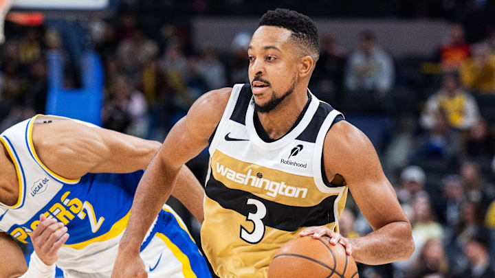 Dec 14, 2025; Indianapolis, Indiana, USA; Washington Wizards guard CJ McCollum (3) dribbles the ball while Indiana Pacers guard/forward Andrew Nembhard (2) defends in the second half at Gainbridge Fieldhouse. Mandatory Credit: Trevor Ruszkowski-Imagn Images Dec 14, 2025; Indianapolis, Indiana, USA; Washington Wizards guard CJ McCollum (3) dribbles the ball while Indiana Pacers guard/forward Andrew Nembhard (2) defends in the second half at Gainbridge Fieldhouse. Mandatory Credit: Trevor Ruszkowski-Imagn Images