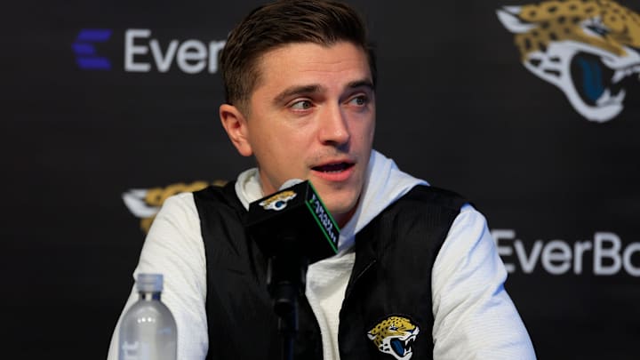 Jacksonville Jaguars general manager James Gladstone speaks during a press conference at the Miller Electric Center, Wednesday, Jan. 14, 2026, in Jacksonville, Fla. Jacksonville Jaguars general manager James Gladstone speaks during a press conference at the Miller Electric Center, Wednesday, Jan. 14, 2026, in Jacksonville, Fla.