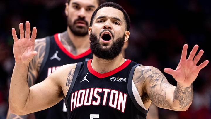 Dec 26, 2024; New Orleans, Louisiana, USA;  Houston Rockets guard Fred VanVleet (5) reacts to a play against the New Orleans Pelicans during the first half at Smoothie King Center. Mandatory Credit: Stephen Lew-Imagn Images