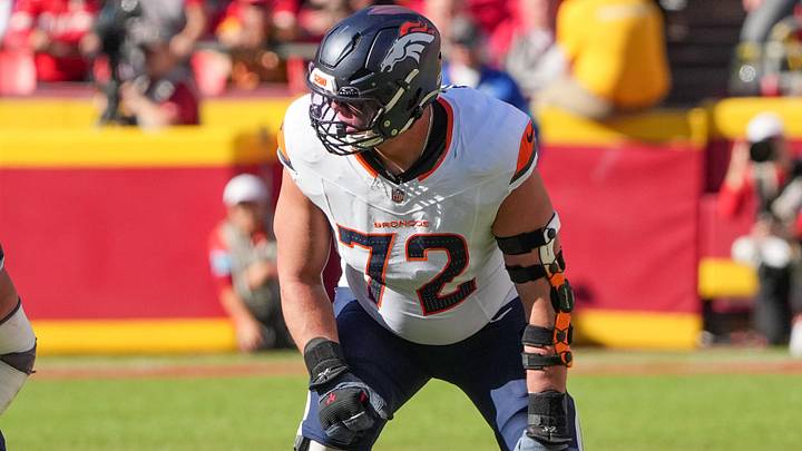 Nov 10, 2024; Kansas City, Missouri, USA; Denver Broncos offensive tackle Garett Bolles (72) at the line of scrimmage against the Kansas City Chiefs during the game at GEHA Field at Arrowhead Stadium. Nov 10, 2024; Kansas City, Missouri, USA; Denver Broncos offensive tackle Garett Bolles (72) at the line of scrimmage against the Kansas City Chiefs during the game at GEHA Field at Arrowhead Stadium.