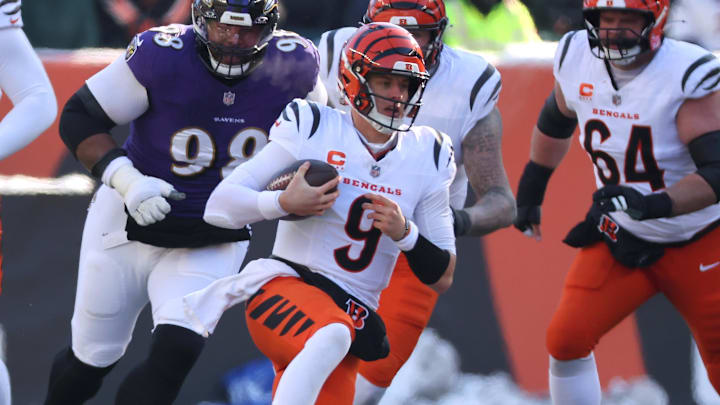 Dec 14, 2025; Cincinnati, Ohio, USA; Cincinnati Bengals quarterback Joe Burrow (9) runs the ball during the first quarter against the Baltimore Ravens at Paycor Stadium. Mandatory Credit: Joseph Maiorana-Imagn Images Dec 14, 2025; Cincinnati, Ohio, USA; Cincinnati Bengals quarterback Joe Burrow (9) runs the ball during the first quarter against the Baltimore Ravens at Paycor Stadium. Mandatory Credit: Joseph Maiorana-Imagn Images