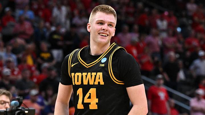 Mar 26, 2026; Houston, TX, USA;Iowa Hawkeyes guard Bennett Stirtz (14) reacts after beating the Nebraska Cornhuskers during a Sweet Sixteen game of the South Regional of the men's 2026 NCAA Tournament at Toyota Center. Mandatory Credit: Maria Lysaker-Imagn Images Mar 26, 2026; Houston, TX, USA;Iowa Hawkeyes guard Bennett Stirtz (14) reacts after beating the Nebraska Cornhuskers during a Sweet Sixteen game of the South Regional of the men's 2026 NCAA Tournament at Toyota Center. Mandatory Credit: Maria Lysaker-Imagn Images