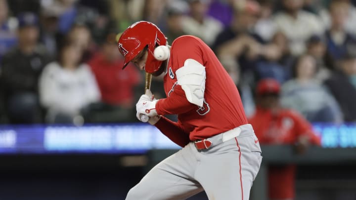 Jun 2, 2024; Seattle, Washington, USA; Los Angeles Angels designated hitter Taylor Ward (3) ducks from an inside pitch against the Seattle Mariners during the eighth inning at T-Mobile Park. Mandatory Credit: John Froschauer-USA TODAY Sports Jun 2, 2024; Seattle, Washington, USA; Los Angeles Angels designated hitter Taylor Ward (3) ducks from an inside pitch against the Seattle Mariners during the eighth inning at T-Mobile Park. Mandatory Credit: John Froschauer-USA TODAY Sports