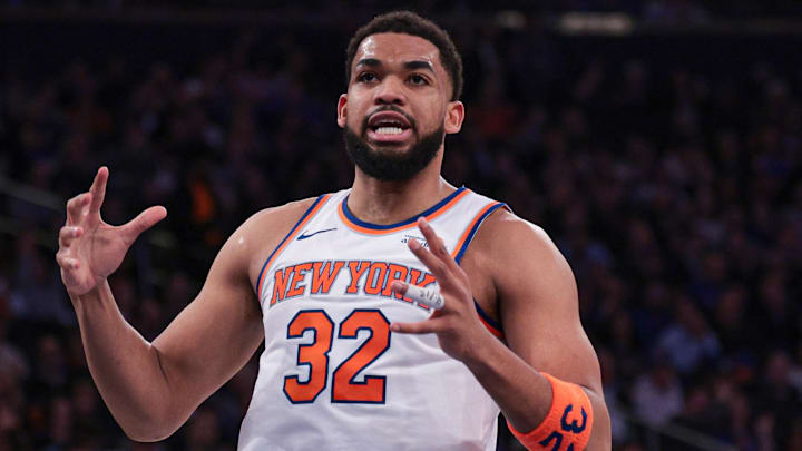 Feb 19, 2026; New York, New York, USA; New York Knicks center Karl-Anthony Towns (32) reacts during the first half against Detroit Pistons at Madison Square Garden. Mandatory Credit: Vincent Carchietta-Imagn Images