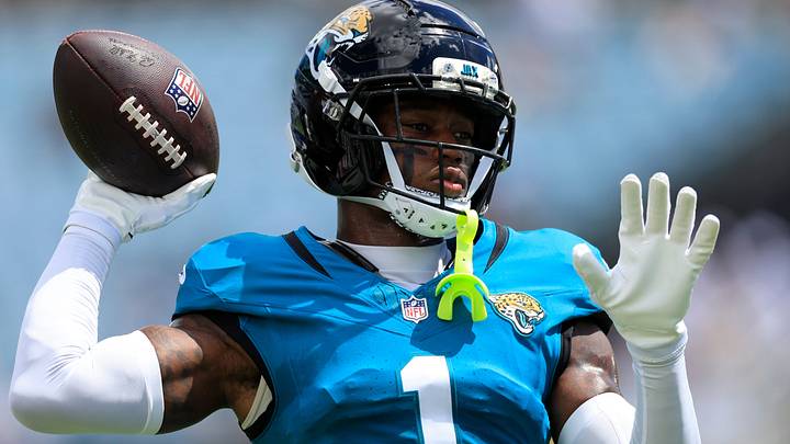 Jacksonville Jaguars cornerback Montaric Brown (1) tosses the ball back before an NFL football matchup at EverBank Stadium on Sunday, Sept. 13, 2026, in Jacksonville, Fla. The Jaguars defeated the Browns 34-10. [Corey Perrine/Florida Times-Union]