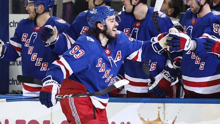 Mar 31, 2026; New York, New York, USA;  New York Rangers center Mika Zibanejad (93) celebrates with his teammates after scoring a goal in the third period against the New Jersey Devils at Madison Square Garden. Mandatory Credit: Wendell Cruz-Imagn Images