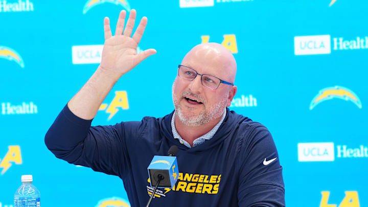 Apr 16, 2026; El Segundo, CA, USA; Los Angeles Chargers general manager Joe Hortiz speaks at press conference at The Bolt. Mandatory Credit: Kirby Lee-Imagn Images