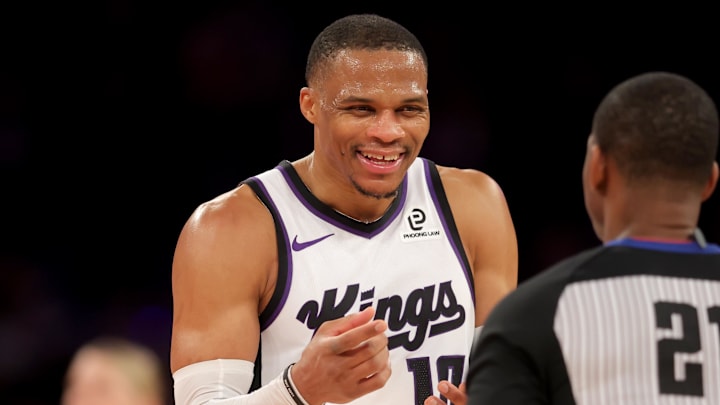 Jan 27, 2026; New York, New York, USA; Sacramento Kings guard Russell Westbrook (18) laughs as he talks to referee Dedric Taylor (21) during the fourth quarter against the New York Knicks at Madison Square Garden. Mandatory Credit: Brad Penner-Imagn Images Jan 27, 2026; New York, New York, USA; Sacramento Kings guard Russell Westbrook (18) laughs as he talks to referee Dedric Taylor (21) during the fourth quarter against the New York Knicks at Madison Square Garden. Mandatory Credit: Brad Penner-Imagn Images