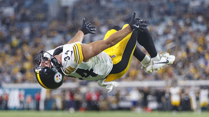 Aug 9, 2025; Jacksonville, Florida, USA; Pittsburgh Steelers running back Max Hurleman (34) celebrates a touchdown against the Jacksonville Jaguars during the second quarter at EverBank Stadium. Mandatory Credit: Morgan Tencza-Imagn Images Aug 9, 2025; Jacksonville, Florida, USA; Pittsburgh Steelers running back Max Hurleman (34) celebrates a touchdown against the Jacksonville Jaguars during the second quarter at EverBank Stadium. Mandatory Credit: Morgan Tencza-Imagn Images