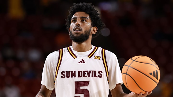 Jan 3, 2026; Tempe, Arizona, USA; Arizona State Sun Devils guard Maurice Odum (5) against the Colorado Buffaloes at Desert Financial Arena. Mandatory Credit: Mark J. Rebilas-Imagn Images