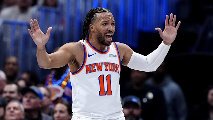 Mar 6, 2026; Denver, Colorado, USA; New York Knicks guard Jalen Brunson (11) reacts in the first quarter against the Denver Nuggets at Ball Arena. Mandatory Credit: Ron Chenoy-Imagn Images