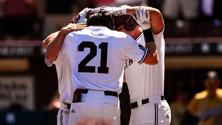 Mississippi State players celebrate a first inning home run by Kevin Milewski in a 17-7 run-rule victory over Vanderbilt. 