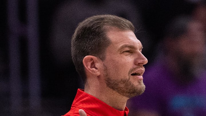 Portland Trail Blazers acting head coach Tiago Splitter reacts to a foul.