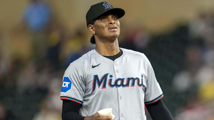 Sep 25, 2024; Minneapolis, Minnesota, USA; Miami Marlins starting pitcher Edward Cabrera (27) looks on before delivering a pitch against the Minnesota Twins in the third inning at Target Field. Mandatory Credit: Jesse Johnson-Imagn Images