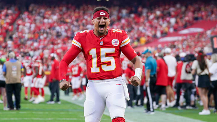 Aug 22, 2025; Kansas City, Missouri, USA; Kansas City Chiefs quarterback Patrick Mahomes (15) celebrates toward fans prior to a game at GEHA Field at Arrowhead Stadium. Mandatory Credit: Denny Medley-Imagn Images