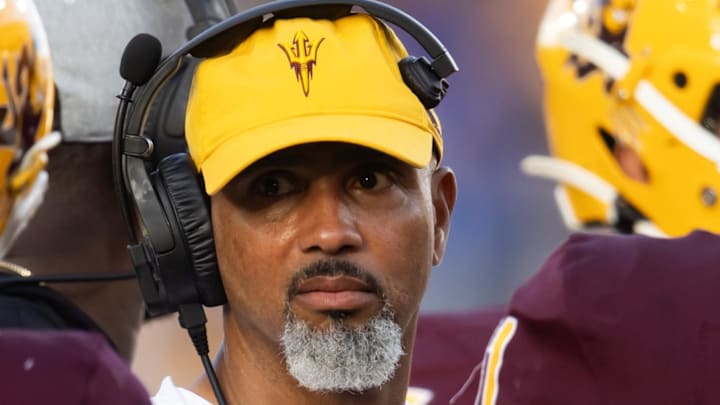 Nov 23, 2024; Tempe, Arizona, USA; Arizona State Sun Devils defensive line coach Diron Reynolds against the Brigham Young Cougars at Mountain America Stadium. Mandatory Credit: Mark J. Rebilas-Imagn Images
Nov 23, 2024; Tempe, Arizona, USA; Arizona State Sun Devils defensive line coach Diron Reynolds against the Brigham Young Cougars at Mountain America Stadium. Mandatory Credit: Mark J. Rebilas-Imagn Images