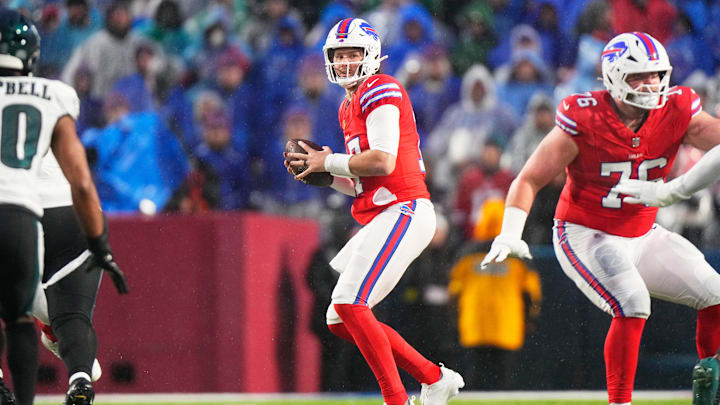 Buffalo Bills quarterback Josh Allen (17) looks to throw a pass against the Philadelphia Eagles during the first quarter at Highmark Stadium.