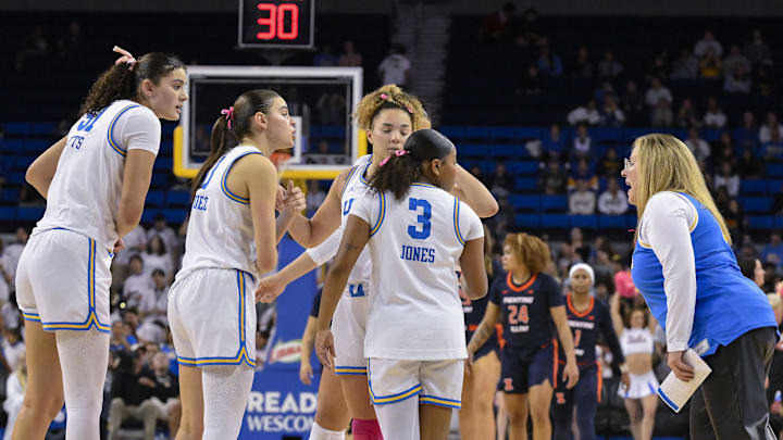 Feb 20, 2025; Los Angeles, California, USA; UCLA Bruins head coach Cori Close talks to her players center Lauren Betts (51), guard Gabriela Jaquez (11), guard Kiki Rice (1) and guard Londynn Jones (3) during the fourth quarter at Pauley Pavilion presented by Wescom. Mandatory Credit: Robert Hanashiro-Imagn Images Feb 20, 2025; Los Angeles, California, USA; UCLA Bruins head coach Cori Close talks to her players center Lauren Betts (51), guard Gabriela Jaquez (11), guard Kiki Rice (1) and guard Londynn Jones (3) during the fourth quarter at Pauley Pavilion presented by Wescom. Mandatory Credit: Robert Hanashiro-Imagn Images