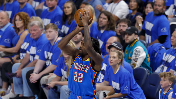 Jun 8, 2025; Oklahoma City, Oklahoma, USA; Oklahoma City Thunder guard Cason Wallace (22) makes a jump shot against the Indiana Pacers during the first quarter of game two of the 2025 NBA Finals at Paycom Center. Mandatory Credit: Alonzo Adams-Imagn Images