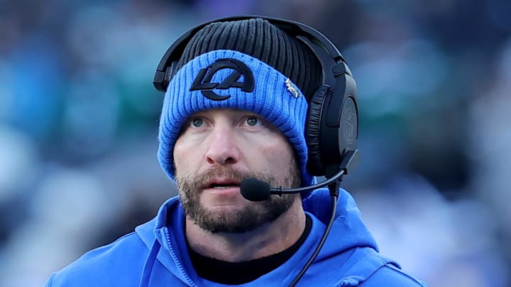 Dec 22, 2024; East Rutherford, New Jersey, USA; Los Angeles Rams head coach Sean McVay coaches against the New York Jets during the second quarter at MetLife Stadium. Mandatory Credit: Brad Penner-Imagn Images