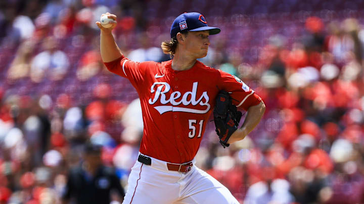 Jul 27, 2025; Cincinnati, Ohio, USA; Cincinnati Reds starting pitcher Brady Singer (51) pitches against the Tampa Bay Rays in the first inning at Great American Ball Park. Mandatory Credit: Katie Stratman-Imagn Images Jul 27, 2025; Cincinnati, Ohio, USA; Cincinnati Reds starting pitcher Brady Singer (51) pitches against the Tampa Bay Rays in the first inning at Great American Ball Park. Mandatory Credit: Katie Stratman-Imagn Images