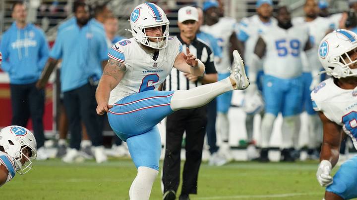 Aug 13, 2026; Santa Clara, California, USA; Tennessee Titans place kicker Joey Slye (6) makes a field goal in the fourth quarter during a game against the San Francisco 49ers at Levi's Stadium. Mandatory Credit: David Gonzales-Imagn Images Aug 13, 2026; Santa Clara, California, USA; Tennessee Titans place kicker Joey Slye (6) makes a field goal in the fourth quarter during a game against the San Francisco 49ers at Levi's Stadium. Mandatory Credit: David Gonzales-Imagn Images