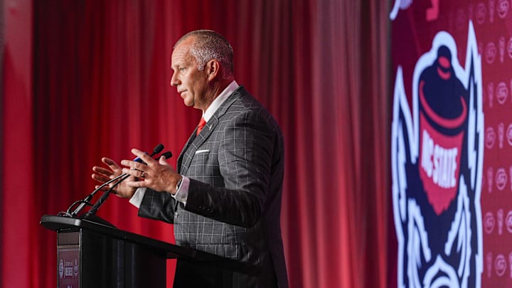 Jul 25, 2024; Charlotte, NC, USA;  North Carolina State Wolfpack head coach Dave Doeren speaks to the media during the ACC Kickoff at Hilton Charlotte Uptown. Mandatory Credit: Jim Dedmon-Imagn Images