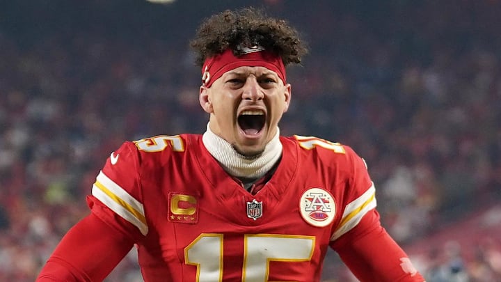 Jan 26, 2025; Kansas City, MO, USA; Kansas City Chiefs quarterback Patrick Mahomes (15) reacts before the AFC Championship game against the Buffalo Bills at GEHA Field at Arrowhead Stadium. Mandatory Credit: Denny Medley-Imagn Images
